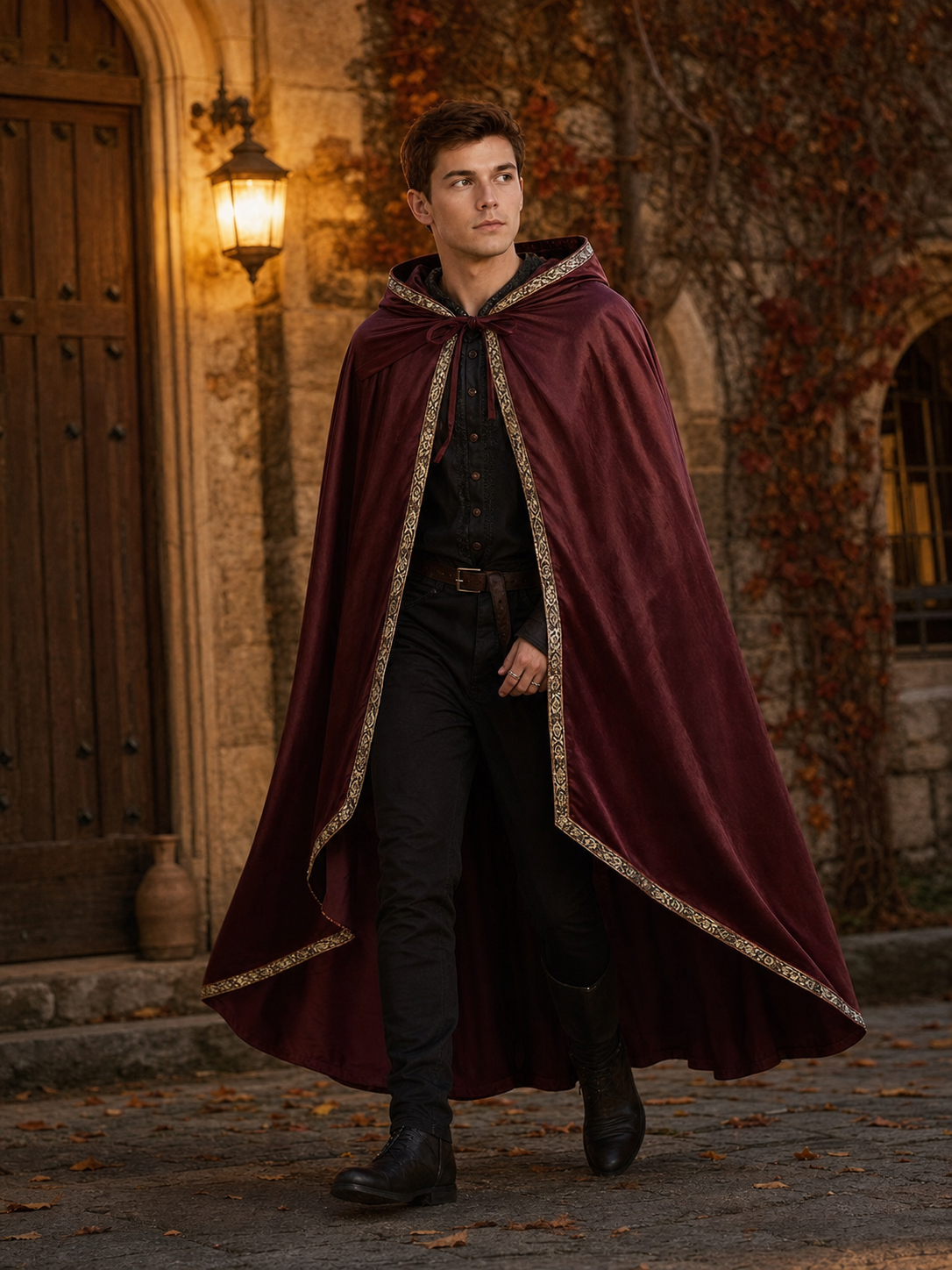 Burgundy velvet-look hooded costume cape product view 32