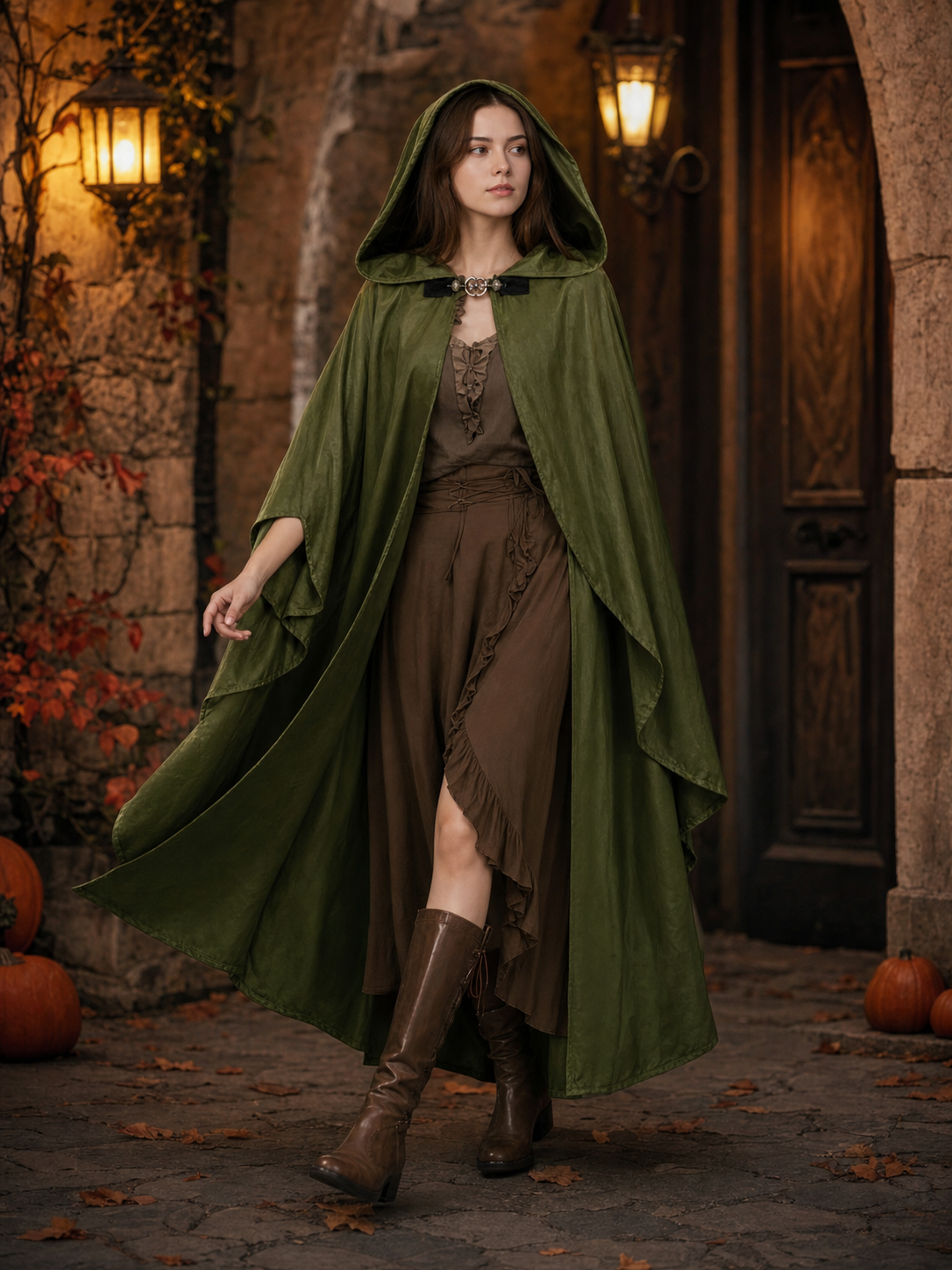 Green Costume Cloak with a Large Hood