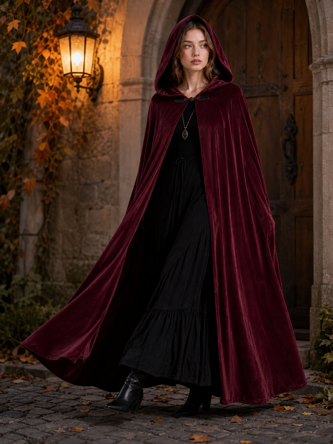 Burgundy Long Carnival Cloak with Hood