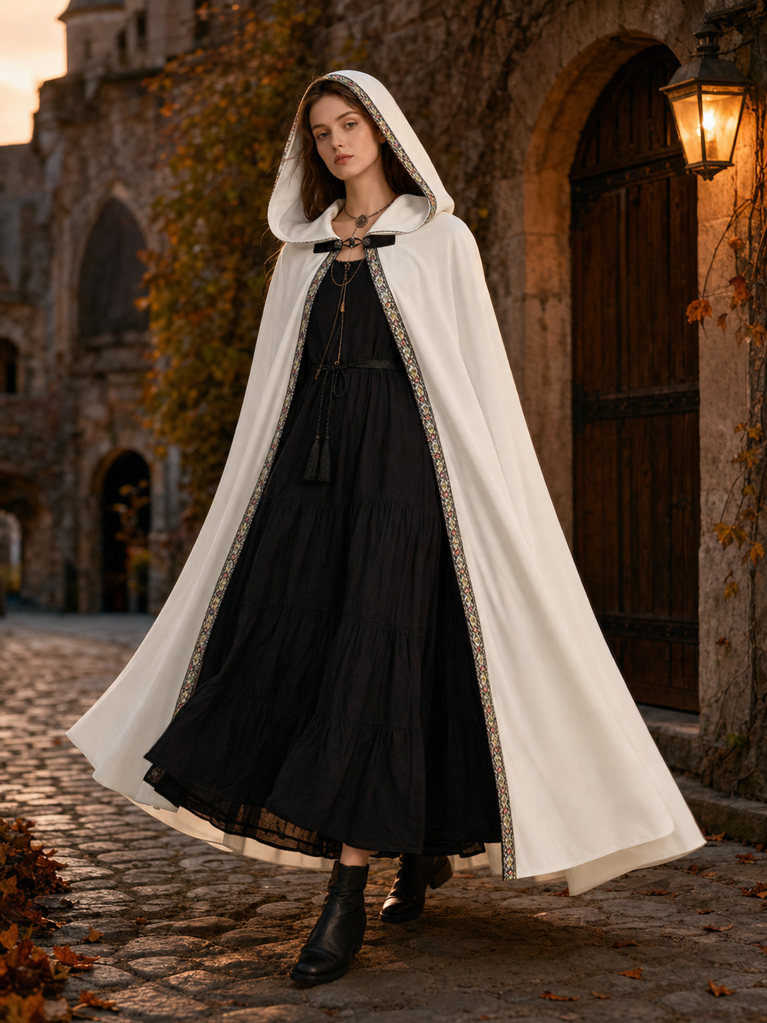 White Medieval Hooded Costume Cloak