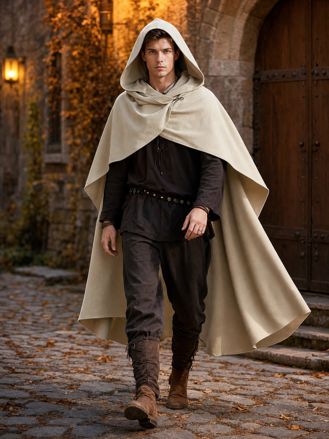 Medieval Hooded Cloak, Pointed Hood Full-Length Draped Cape in Khaki for Cosplay, Fantasy Costumes and Historical-Style Outdoor Outfits