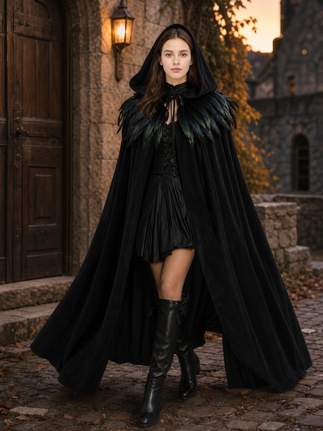 Black Velvet Hooded Cape with Feathers
