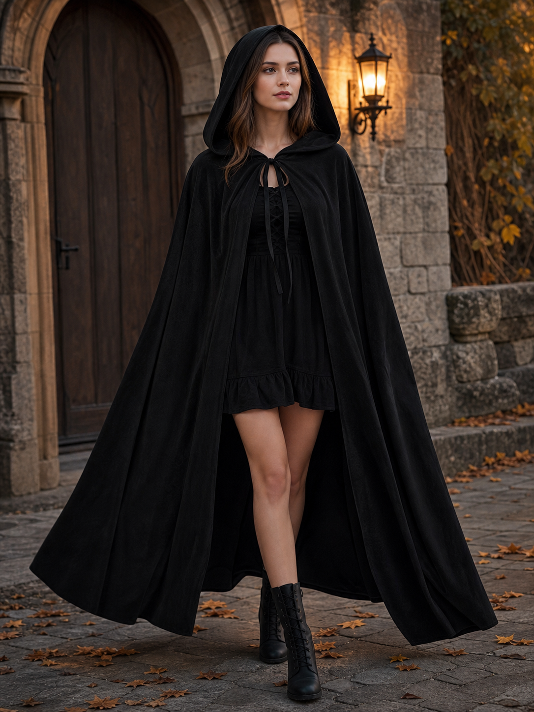 Black Hooded Cloak with Front Tie, Open Front, Floor-Length Trailing Cape for Adults