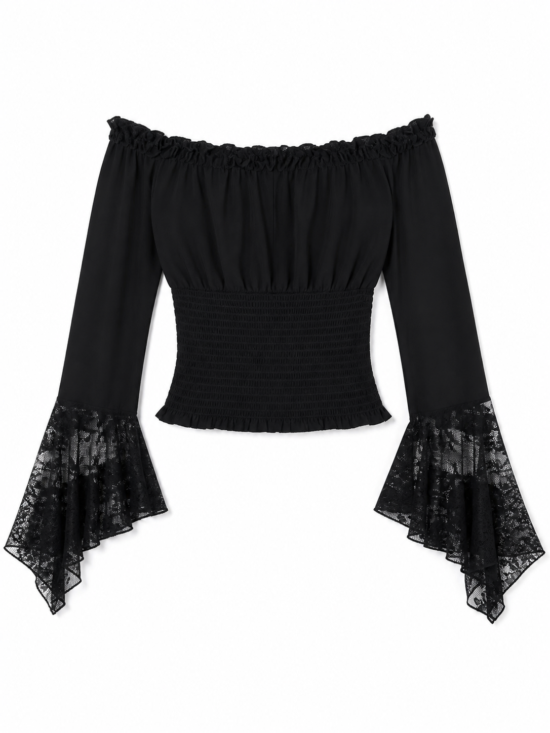 Black off-the-shoulder blouse with ruffles and long sleeves