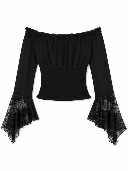 Black off-the-shoulder blouse with ruffles and long sleeves