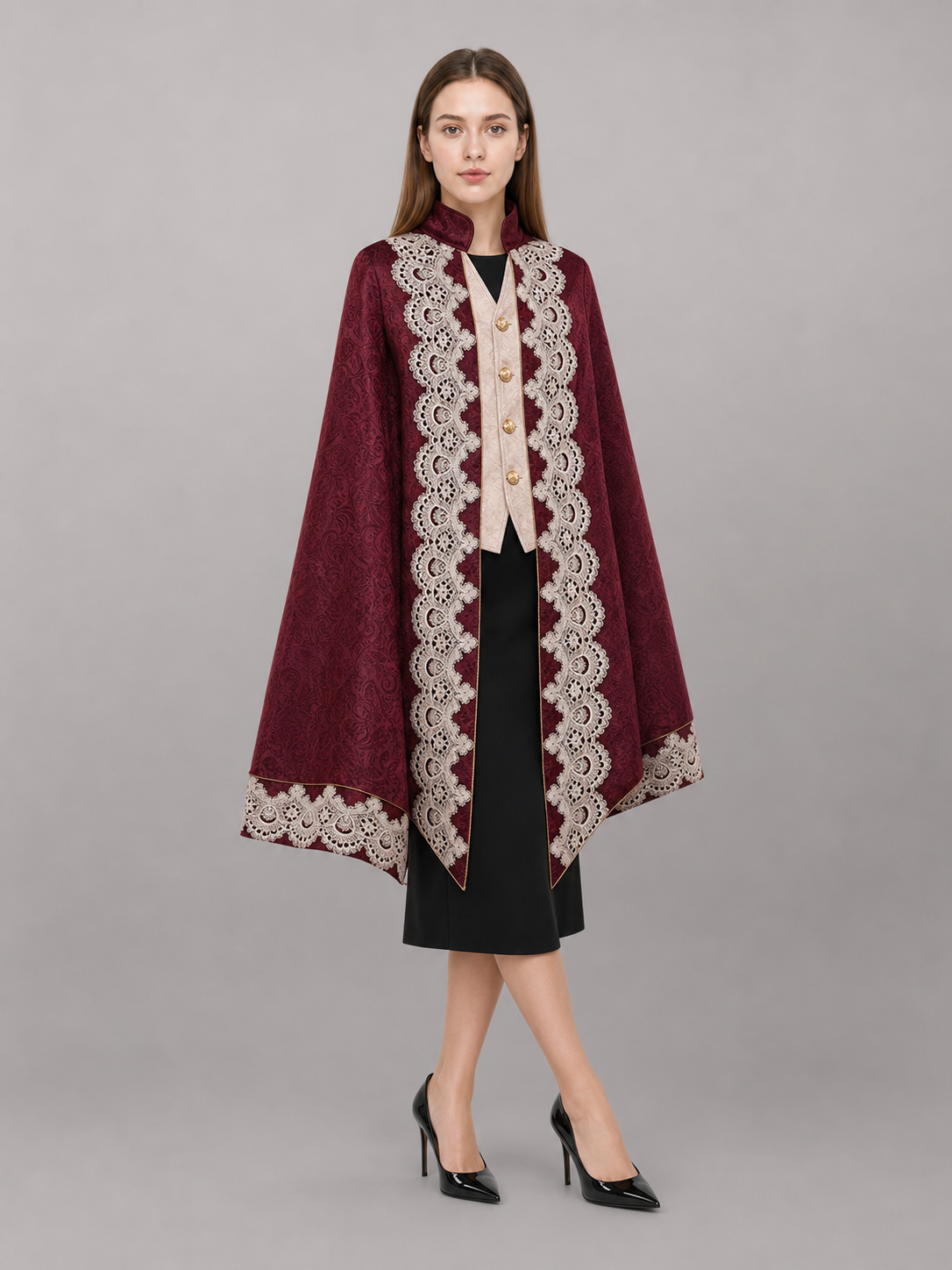 Vintage Burgundy Carnival Cape with Lace