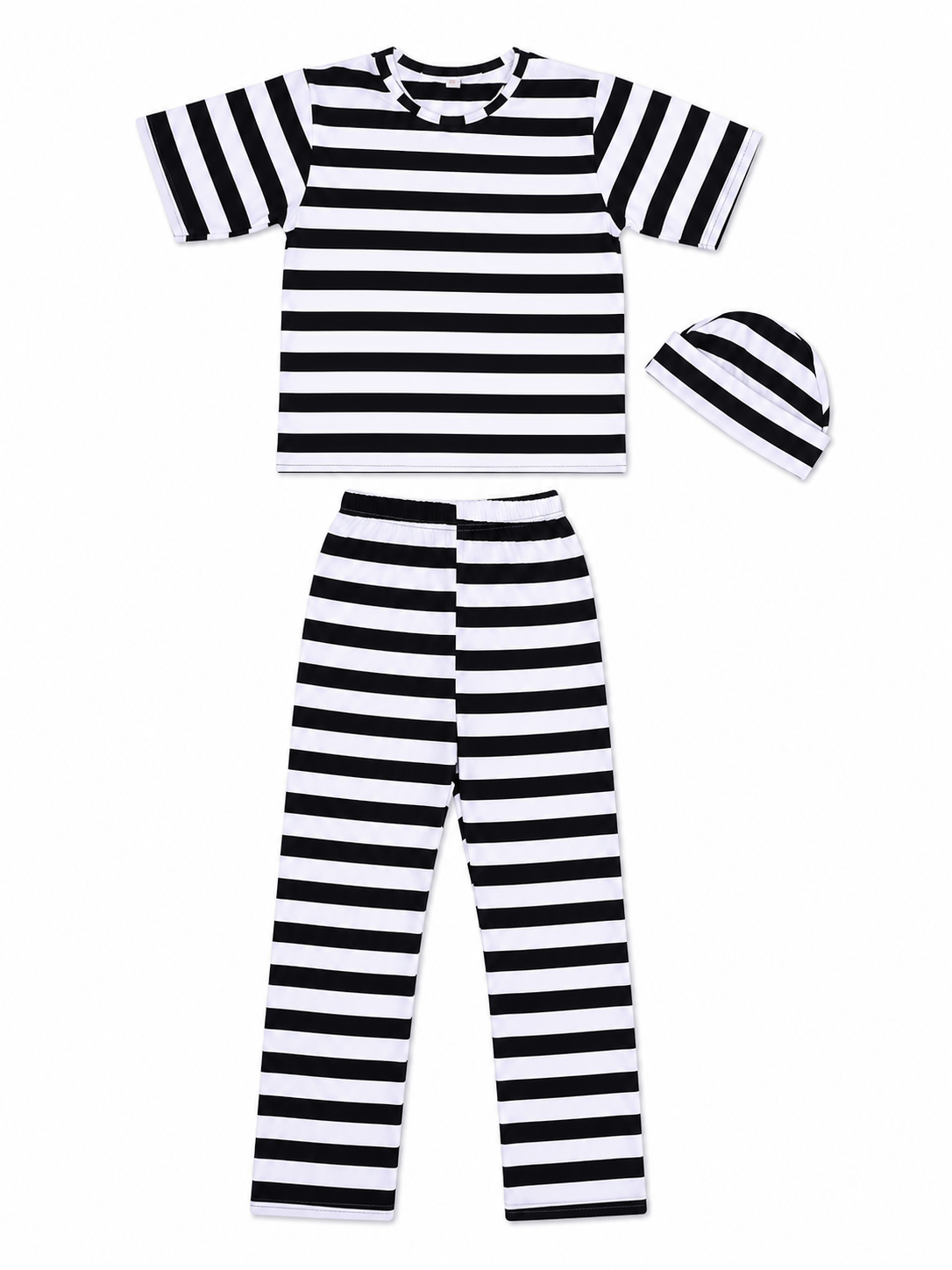 Children’s striped costume for themed outfits. The set is made in contrasting black and white: horizontal stripes appear on the short-sleeve top, pants, and headwear. This pattern immediately creates a recognizable dress-up look and helps a
