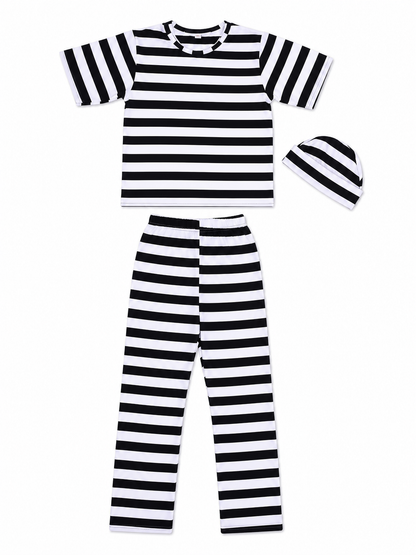 Children’s striped costume for themed outfits. The set is made in contrasting black and white: horizontal stripes appear on the short-sleeve top, pants, and headwear. This pattern immediately creates a recognizable dress-up look and helps a