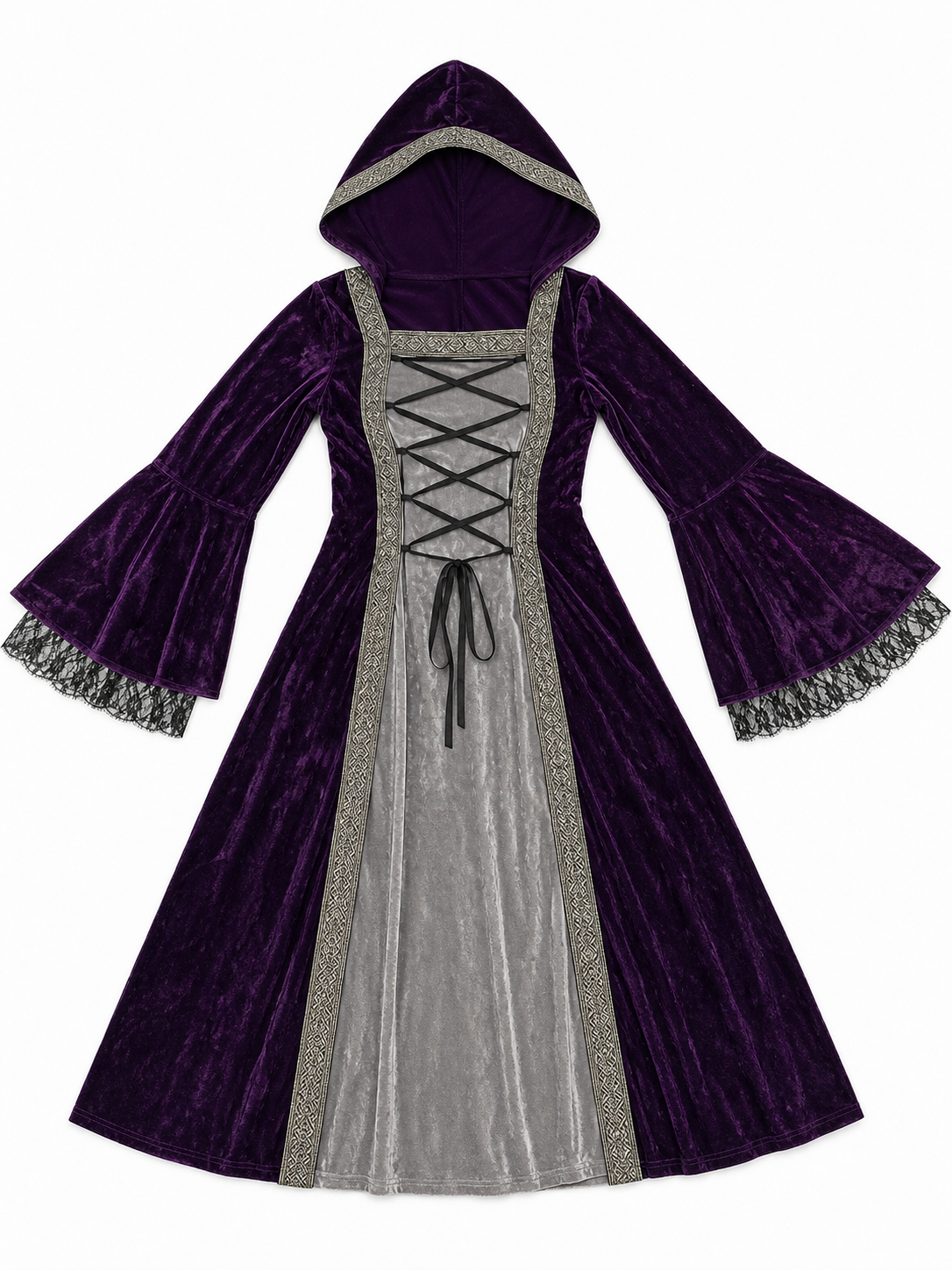 The dress is designed in a Gothic medieval style and features a costume design in deep purple with silver-gray and black accents. The design includes an attached pointed hood, flared bell sleeves, and a flowing skirt. The front of the bodic