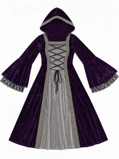 The dress is designed in a Gothic medieval style and features a costume design in deep purple with silver-gray and black accents. The design includes an attached pointed hood, flared bell sleeves, and a flowing skirt. The front of the bodic