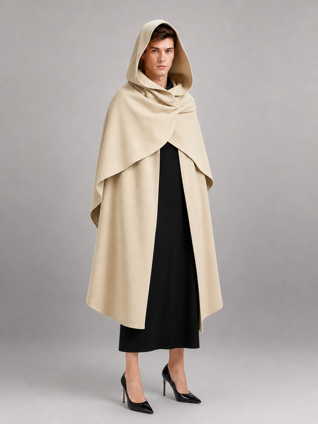 Medieval Hooded Cloak, Pointed Hood Full-Length Draped Cape in Khaki for Cosplay, Fantasy Costumes and Historical-Style Outdoor Outfits