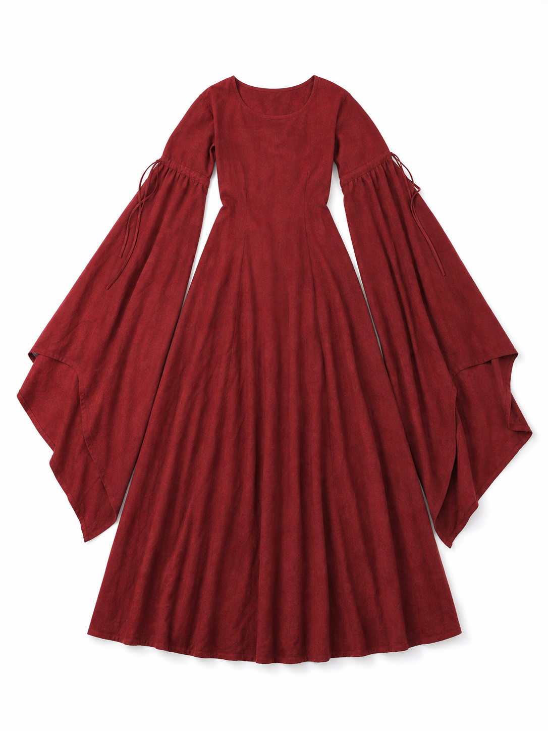 Burgundy Floor-Length Dress with Long Sleeves and Belt