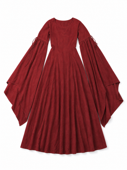 Burgundy Floor-Length Dress with Long Sleeves and Belt