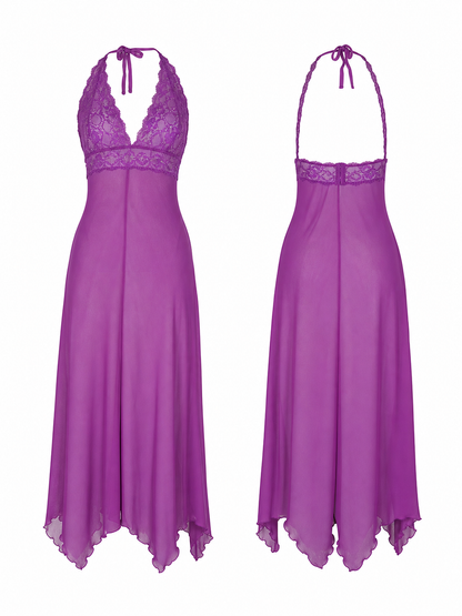 Purple Long Dress with Spaghetti Straps and Lace