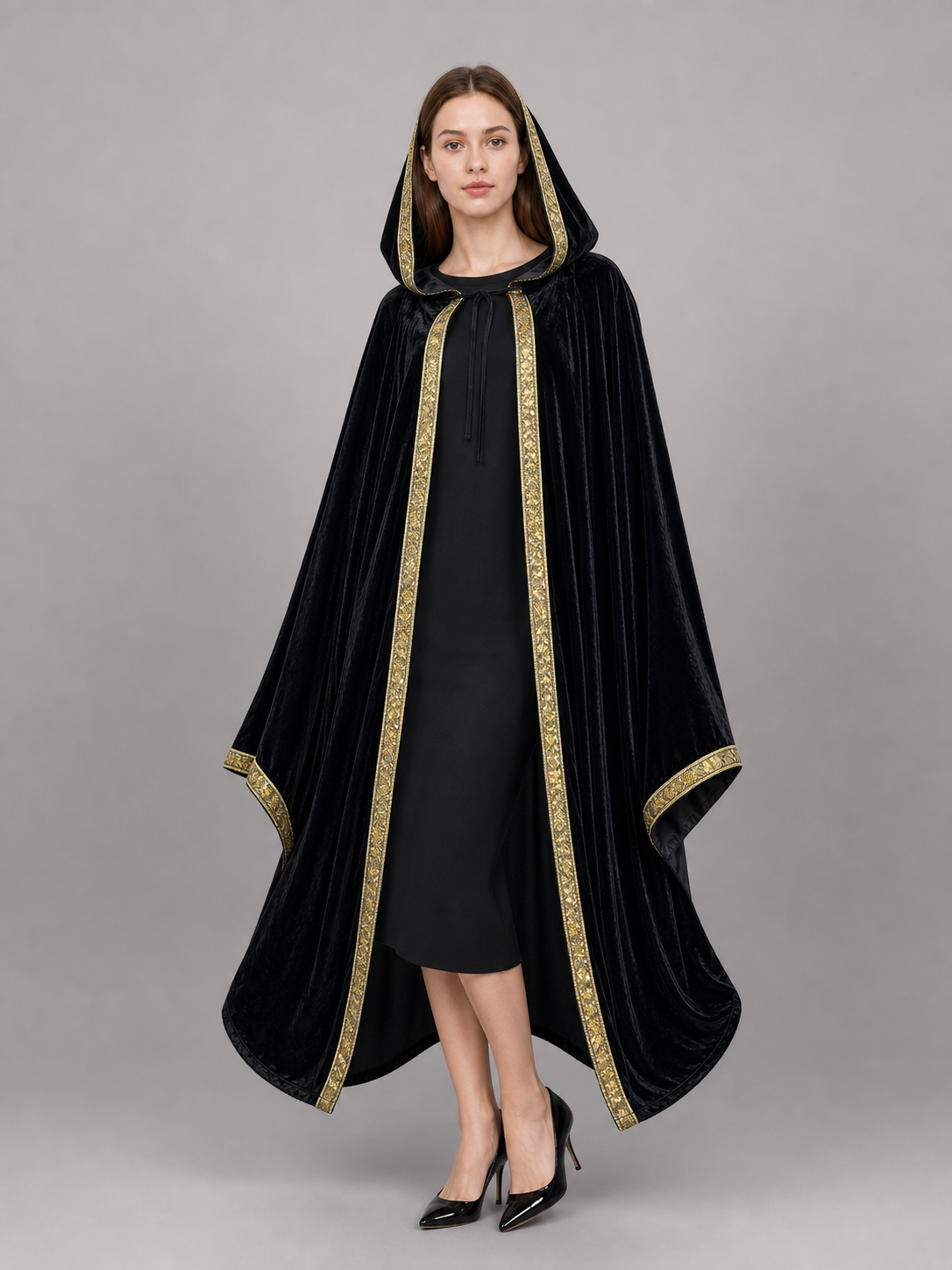 Black Carnival Cloak with Hood and Gold Trim