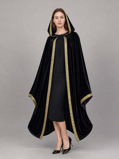 Black Carnival Cloak with Hood and Gold Trim