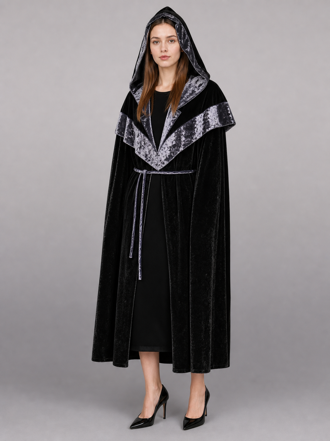 Black Carnival Cloak with Hood and Trim