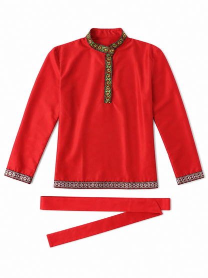 Red Tunic with Ornament, Stand-Up Collar, and Belt