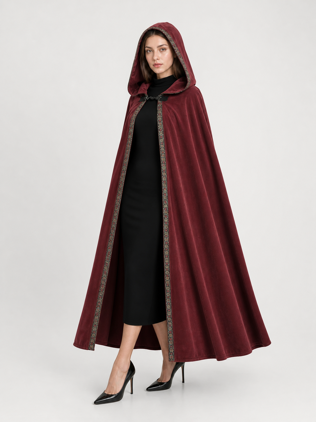 Carnival burgundy hooded cloak with trim