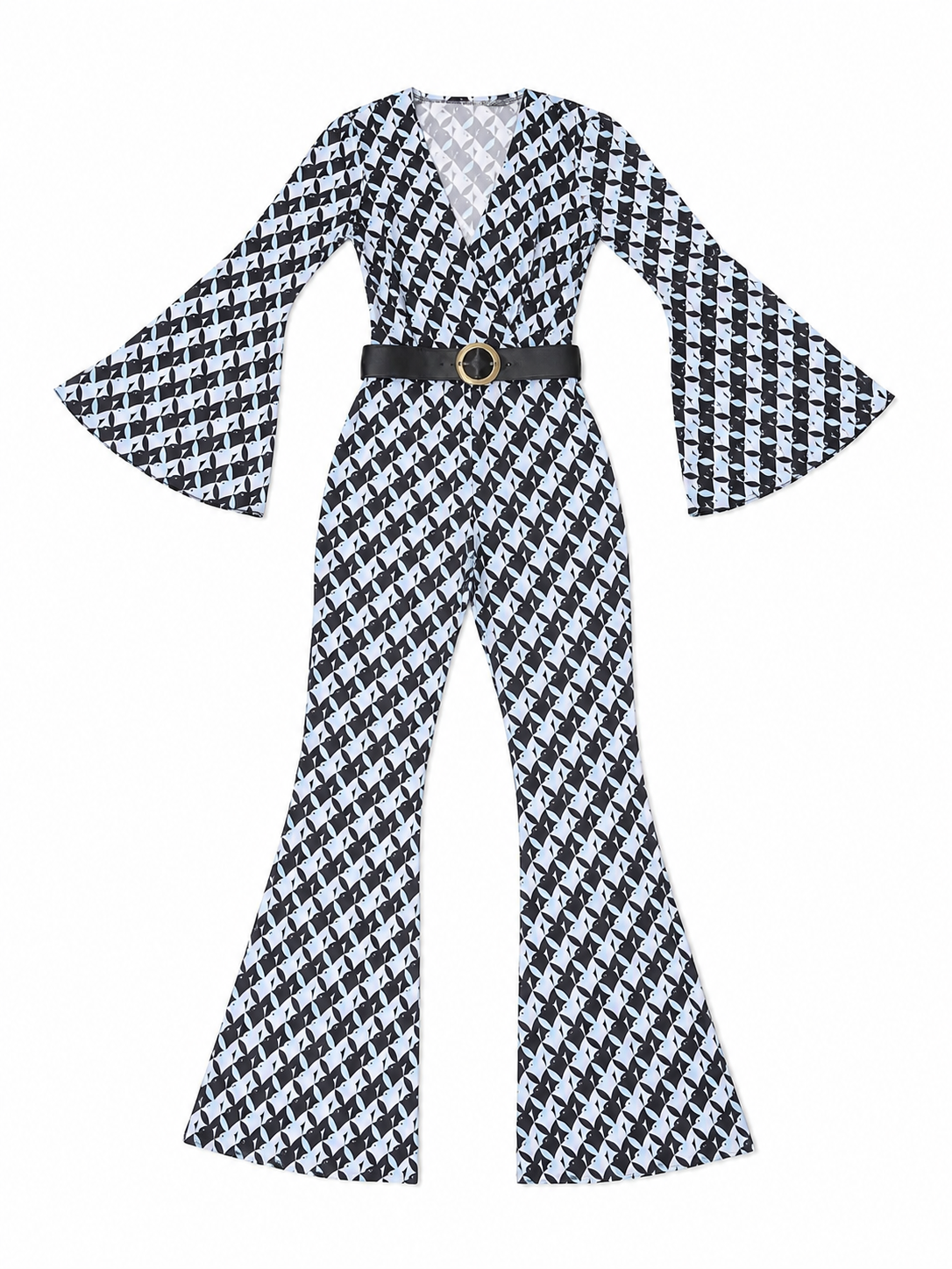 Retro Flared Jumpsuit with Geometric Print