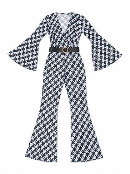 Retro Flared Jumpsuit with Geometric Print