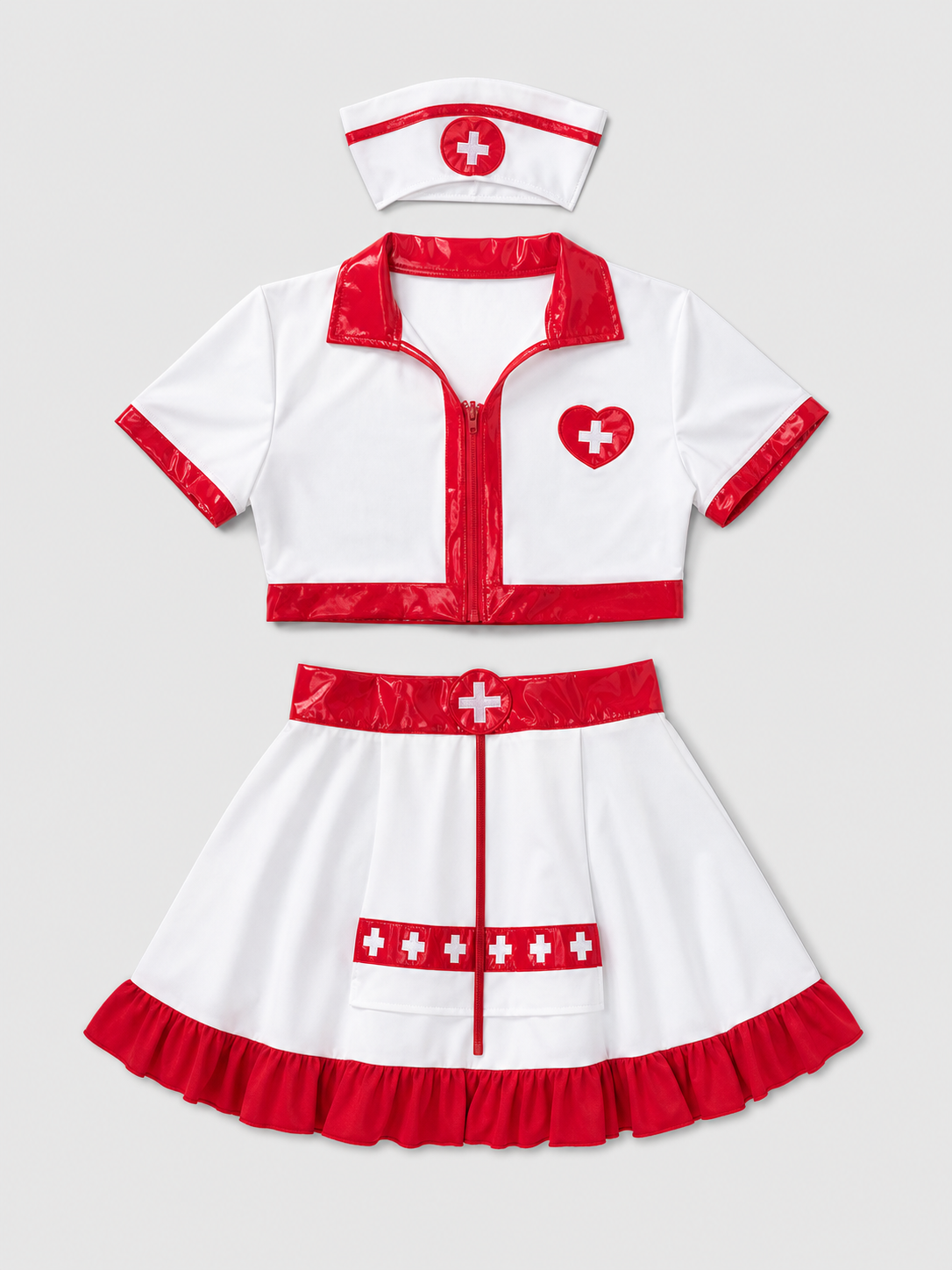 White and Red Nurse Costume with Skirt and Cap