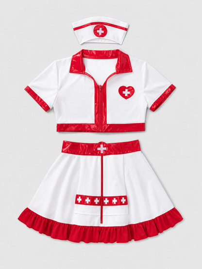 White and Red Nurse Costume with Skirt and Cap