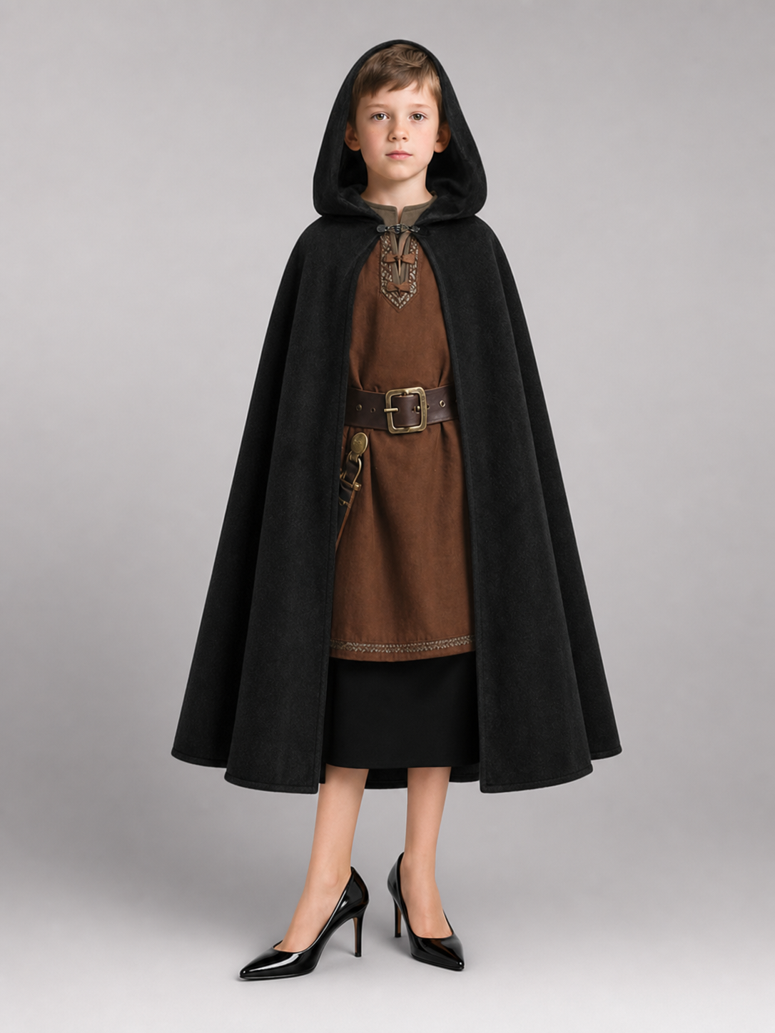 Black medieval hooded carnival cloak