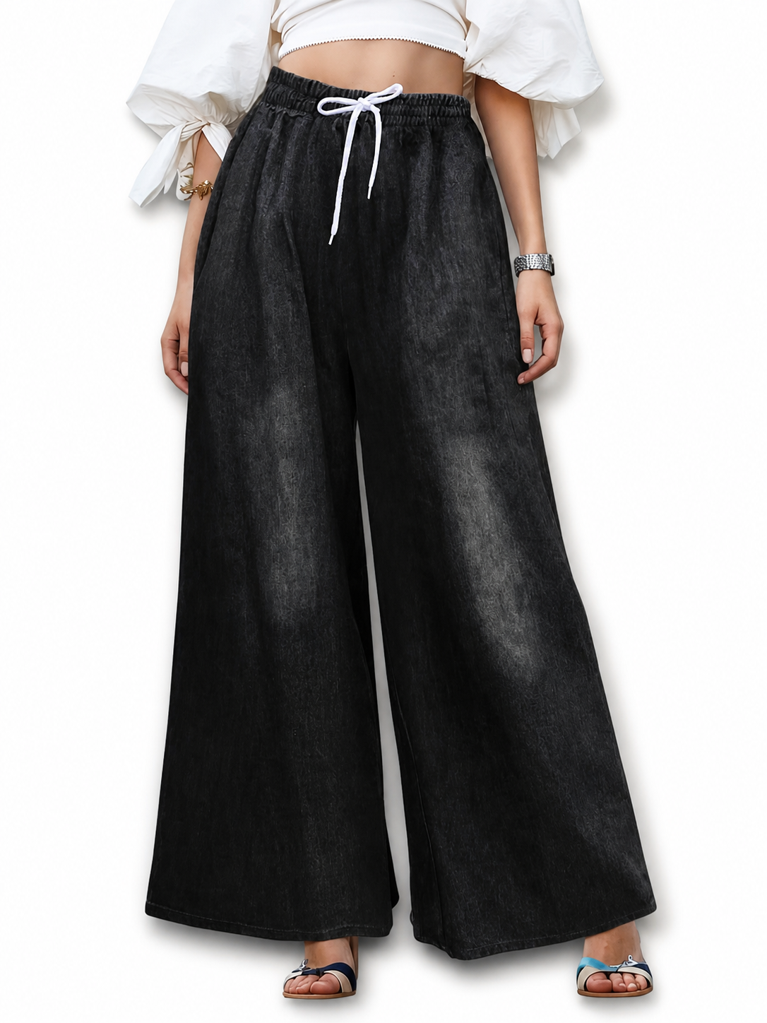 Solid Black Wide-Leg Pants with Elastic Waist and Contrast White Drawstrings included items