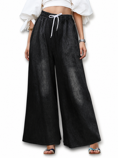 Solid Black Wide-Leg Pants with Elastic Waist and Contrast White Drawstrings included items