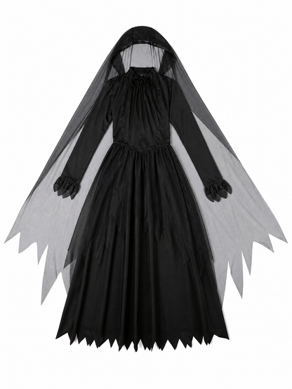 Gothic Hooded Dress with Torn Draped Panels