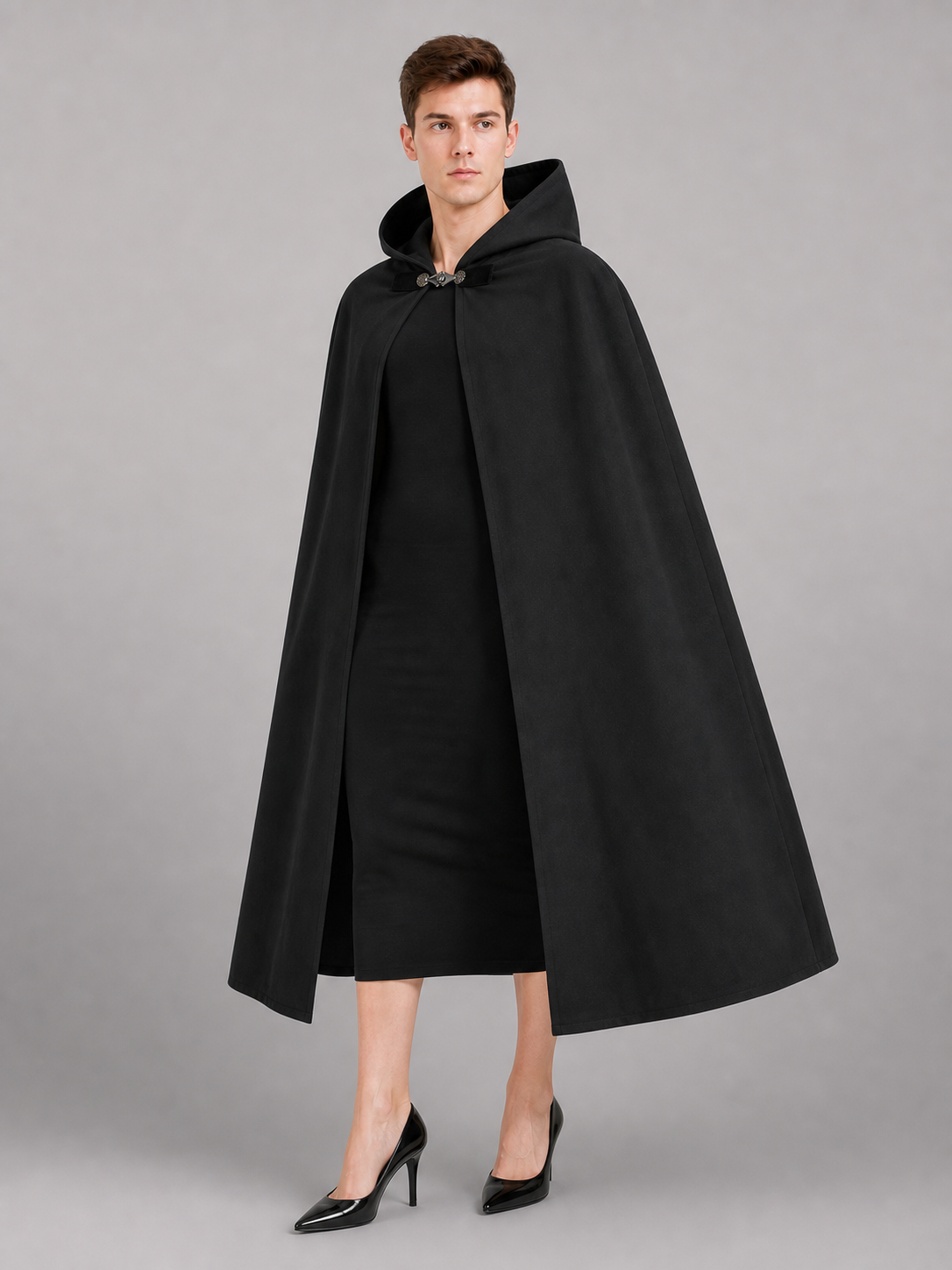 Long black hooded carnival cloak