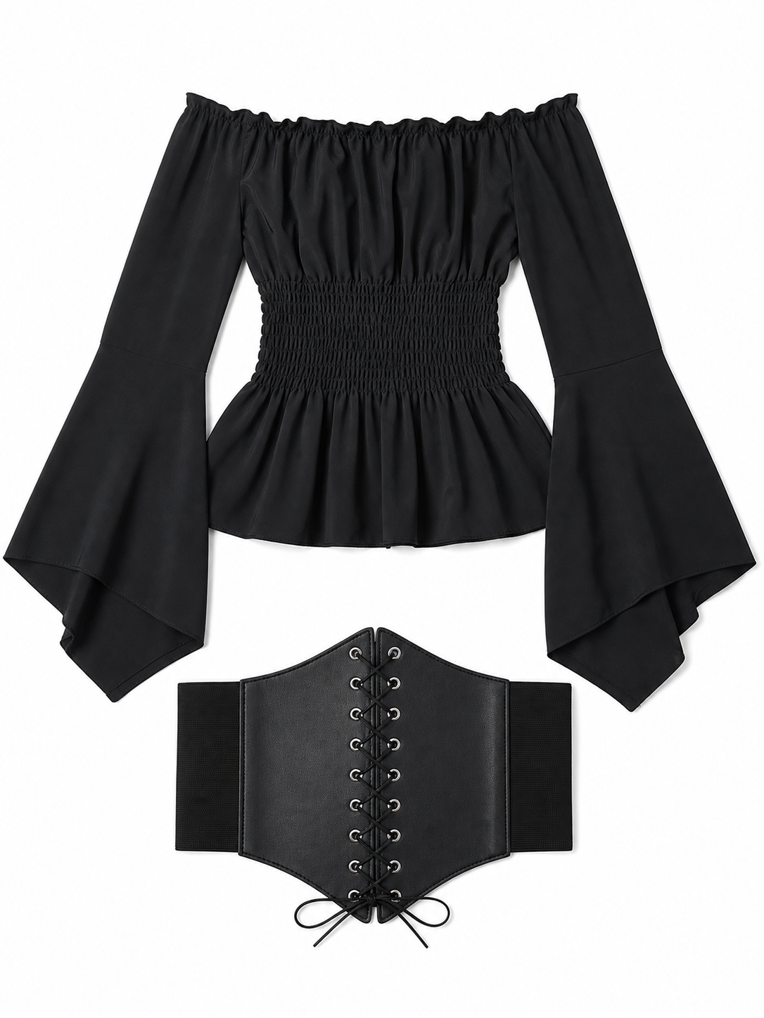 Black Gothic Peplum Top with Lace-Up Belt