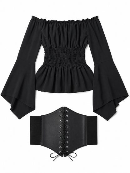 Black Gothic Peplum Top with Lace-Up Belt