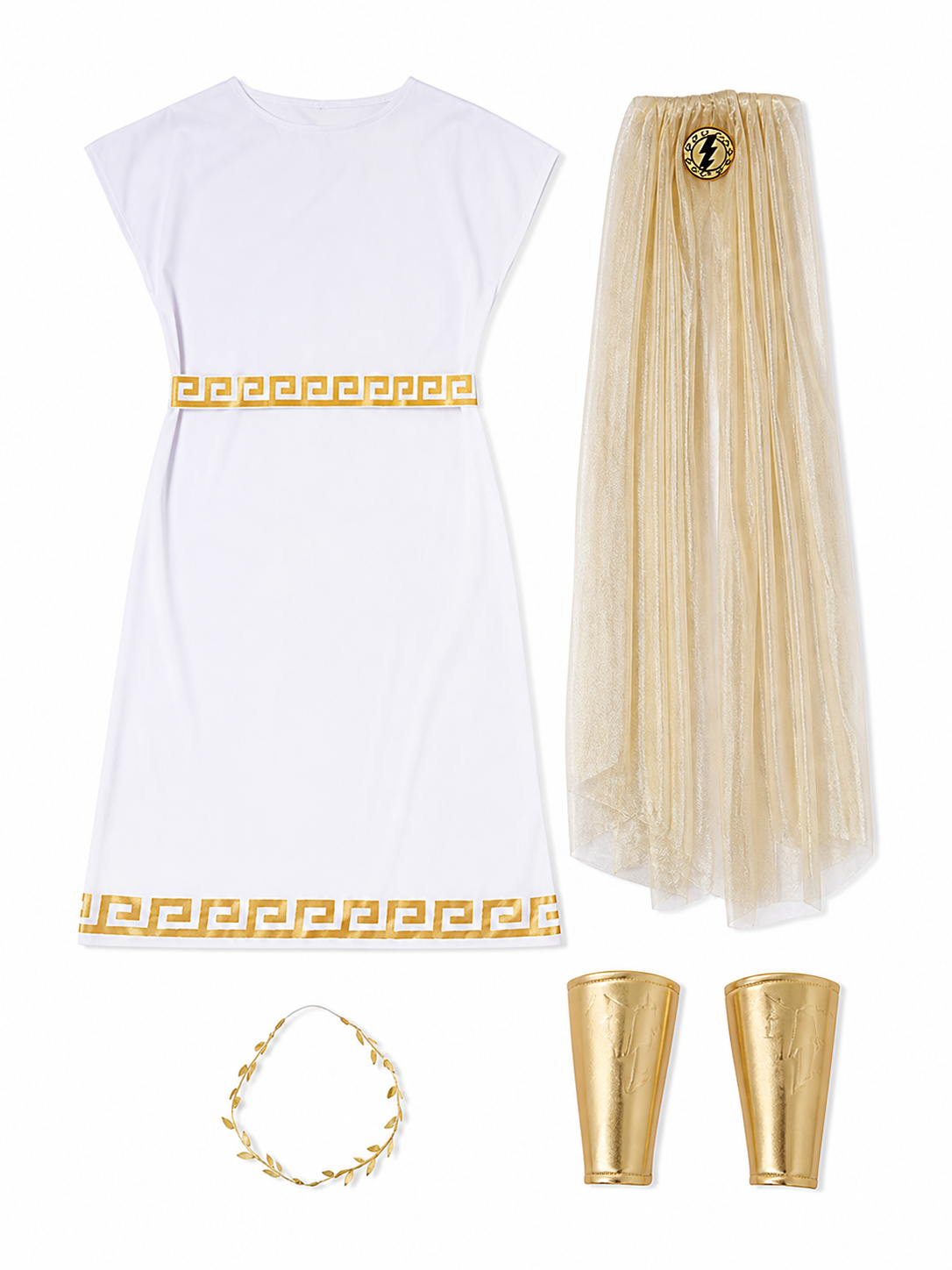 The Greek-style costume is designed as a classic draped garment with decorative details. The set includes a white tunic with sleeves, a belt or decorative sash with gold-tone trim, a long semi-transparent drape in a champagne shade, a pair 