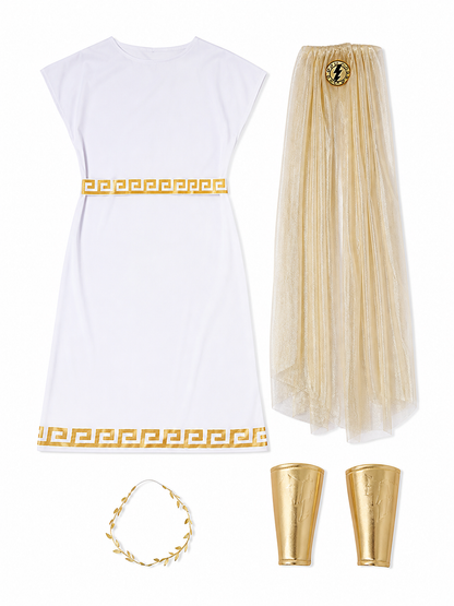 The Greek-style costume is designed as a classic draped garment with decorative details. The set includes a white tunic with sleeves, a belt or decorative sash with gold-tone trim, a long semi-transparent drape in a champagne shade, a pair 