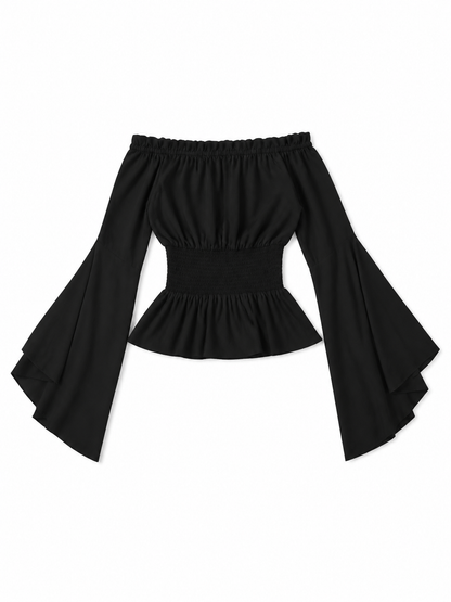Black Off-the-Shoulder Blouse with Flared Sleeves