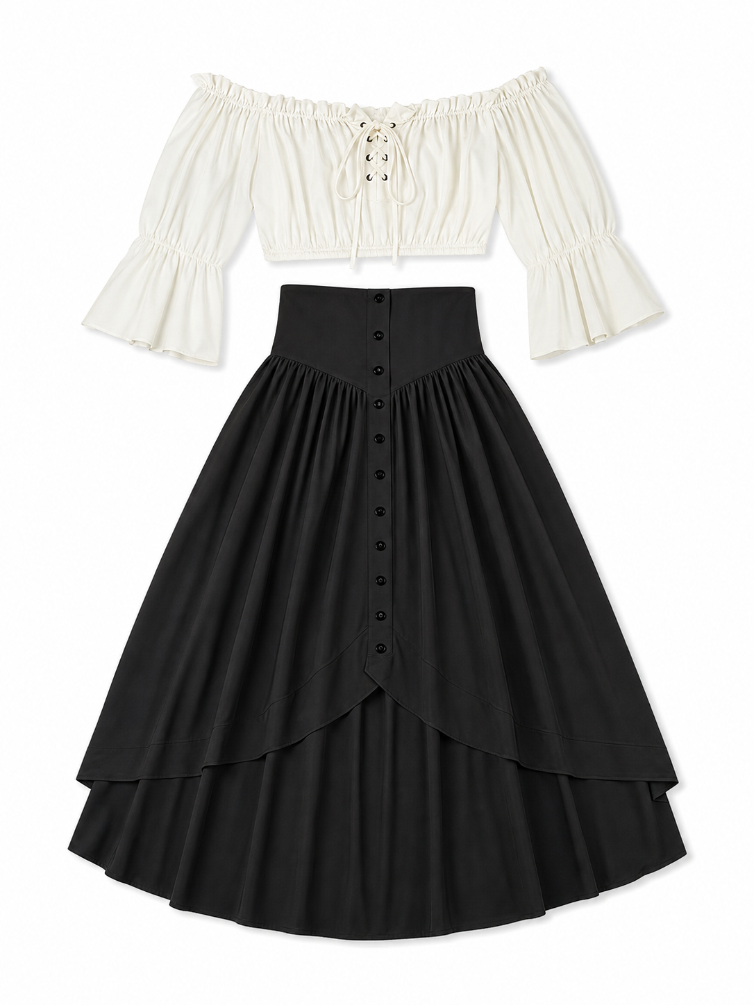 Vintage-style off-the-shoulder lace-up dress