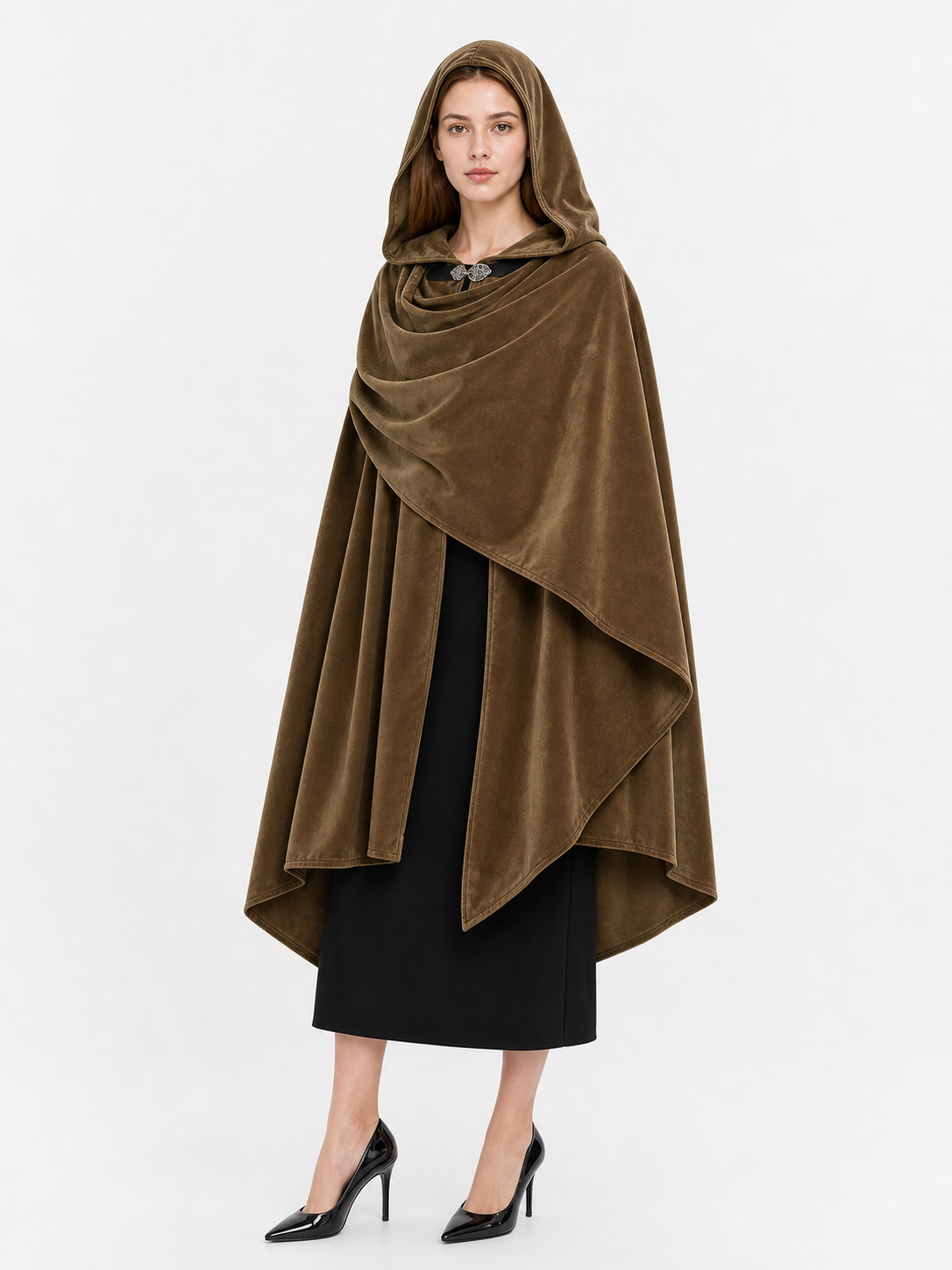 Brown hooded medieval costume cloak