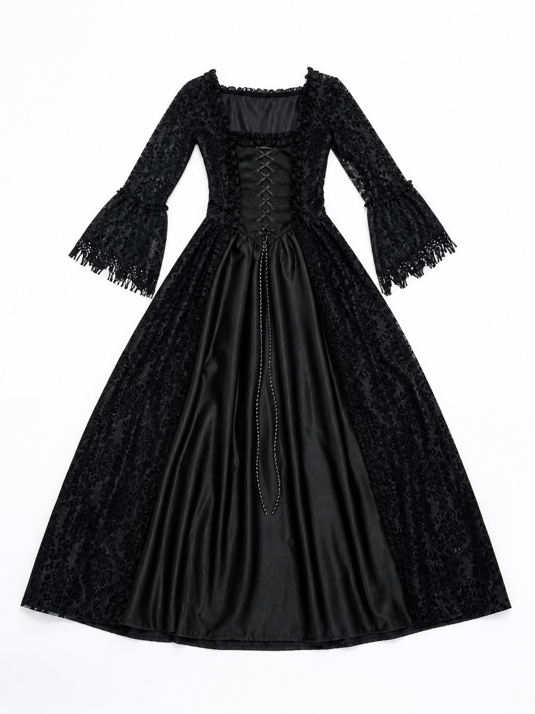 The black dress is designed in the aesthetic of a Victorian-era Gothic costume. The model features a floor-length silhouette, a fitted bodice with a square neckline, and decorative lacing or trim on the front. The long flared sleeves end in