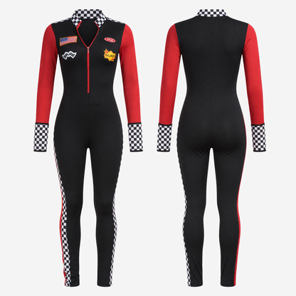 Racing jumpsuit with checkered panels and patches