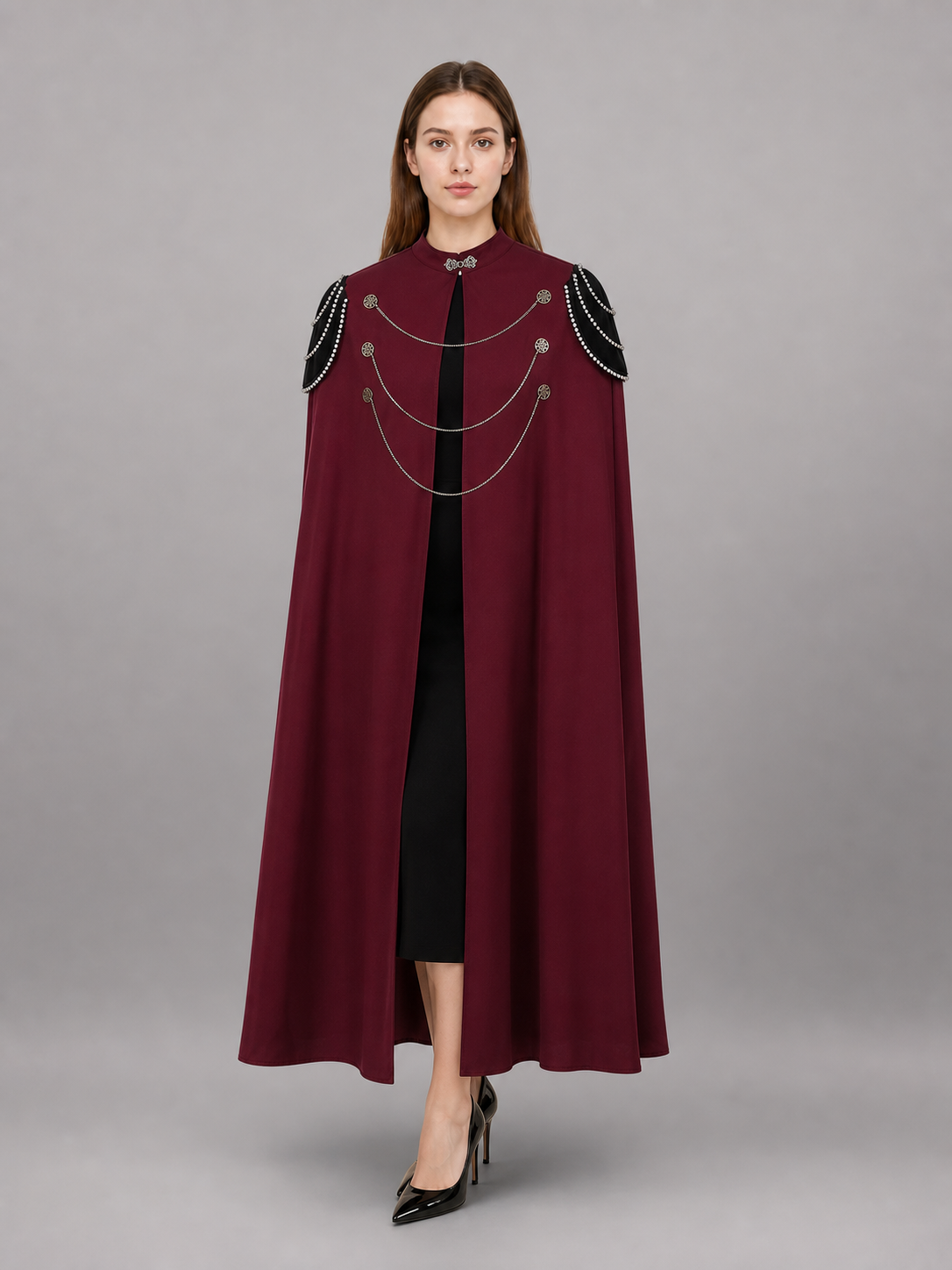 Long burgundy hooded carnival cloak