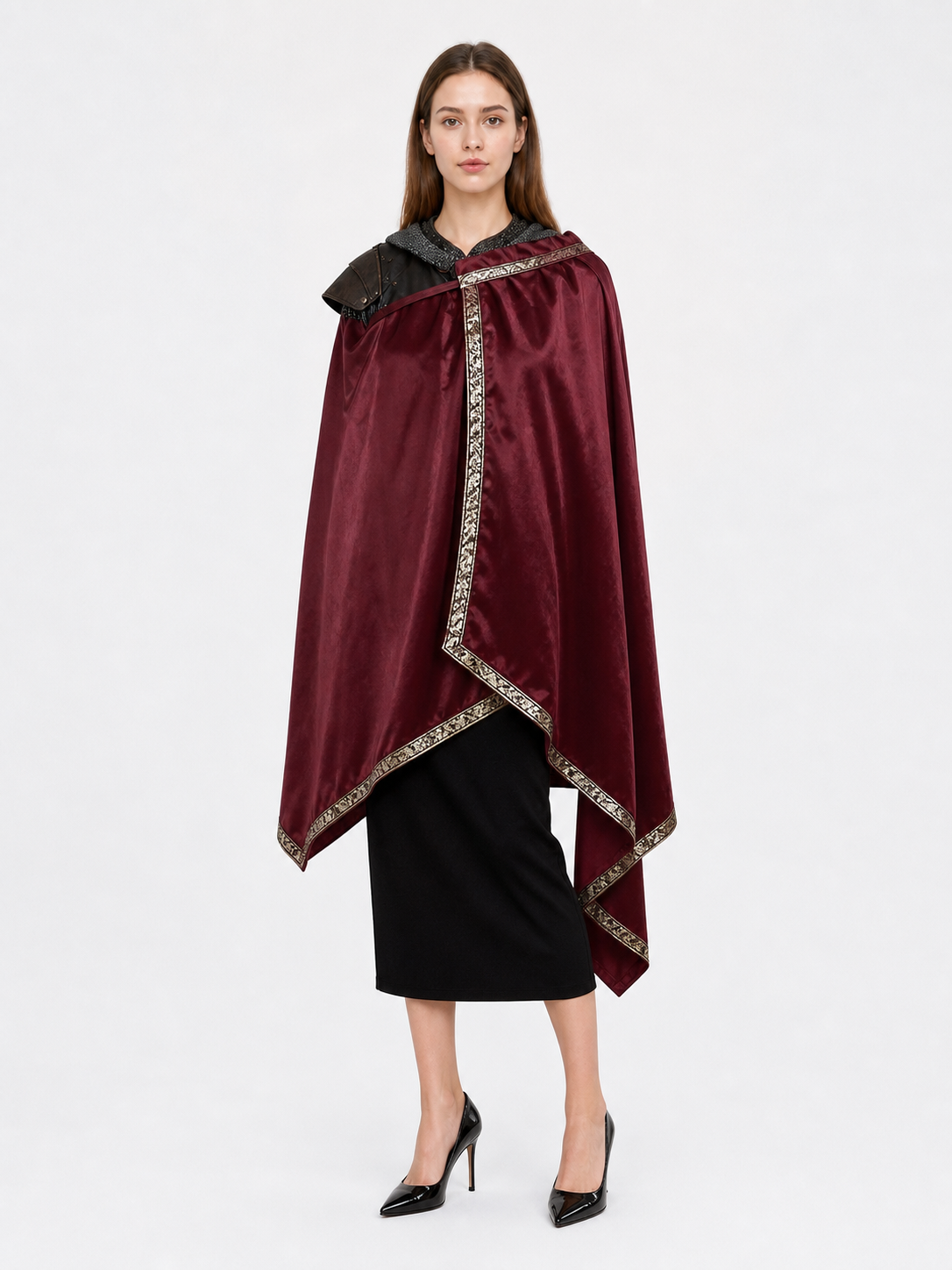 Burgundy velvet-look hooded costume cape product view 64