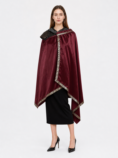 Burgundy velvet-look hooded costume cape product view 64