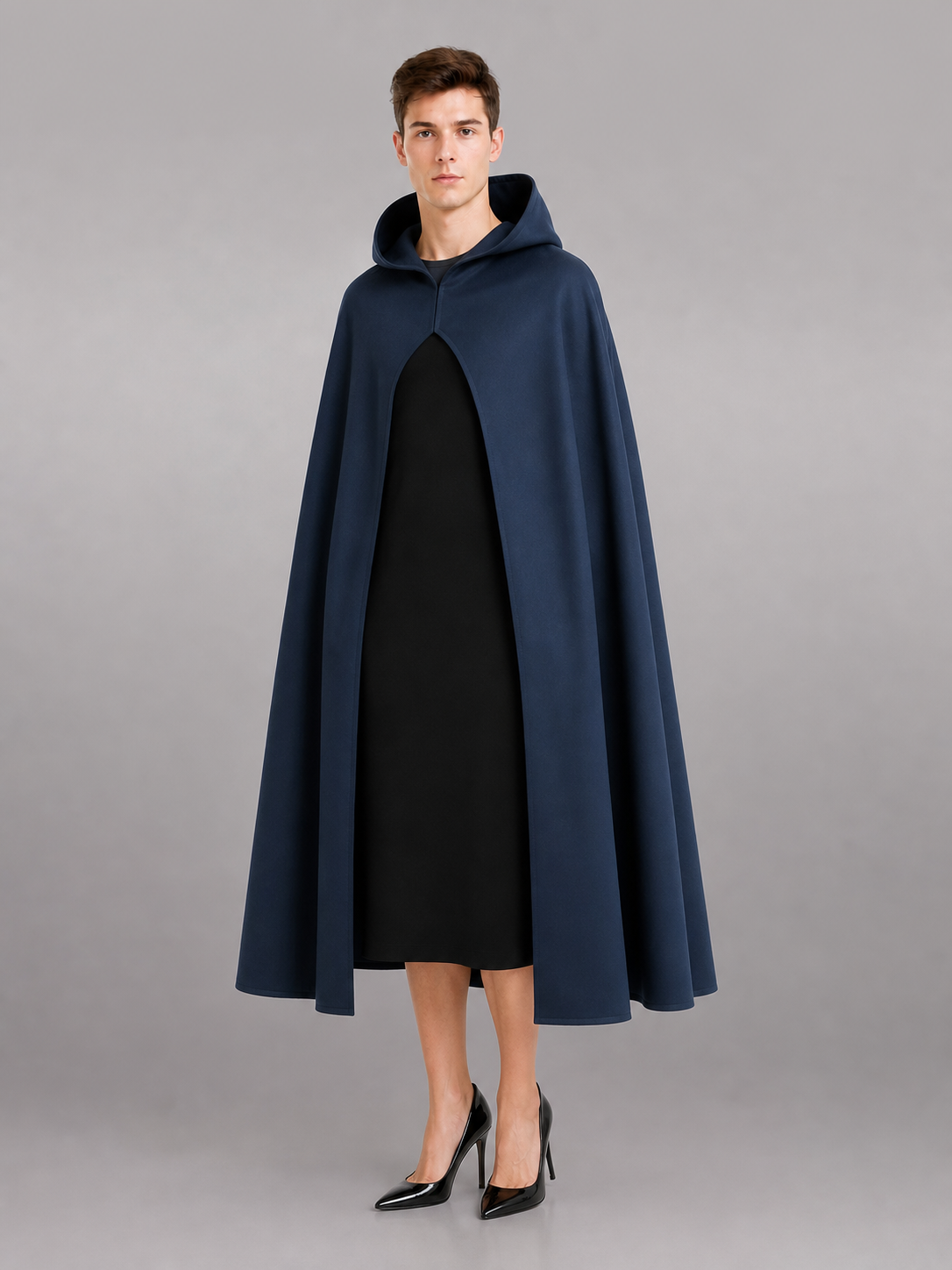Halloween Costume Women Medieval Hooded Cape, Dark Blue Long with Front Clasp