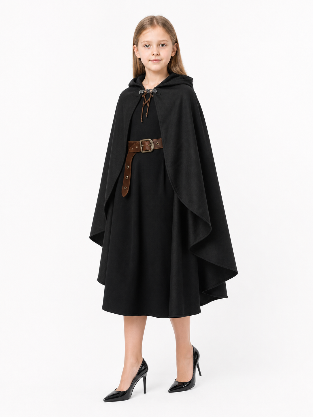Black hooded medieval costume cloak product view 40