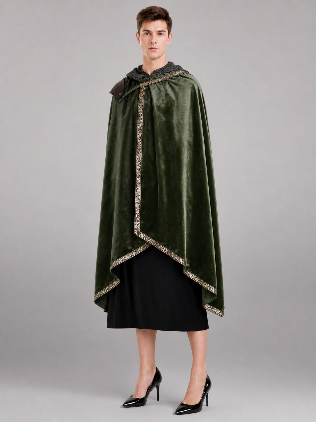 Green asymmetrical long carnival cape
