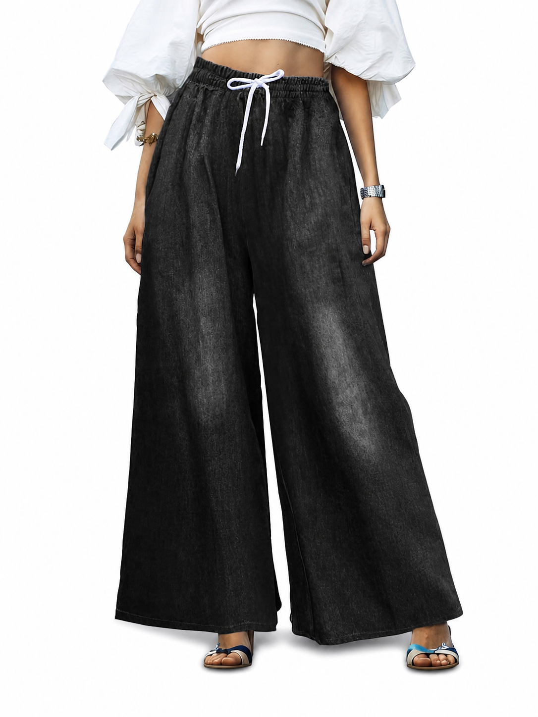 Solid Black Wide-Leg Pants with Elastic Waist and Contrast White Drawstrings included items 2