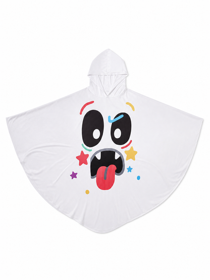 Halloween Ghost Costume Hooded Poncho with Cartoon Face Graphic, Wide Draped Sleeves and Multicolor Details for Costume Parties