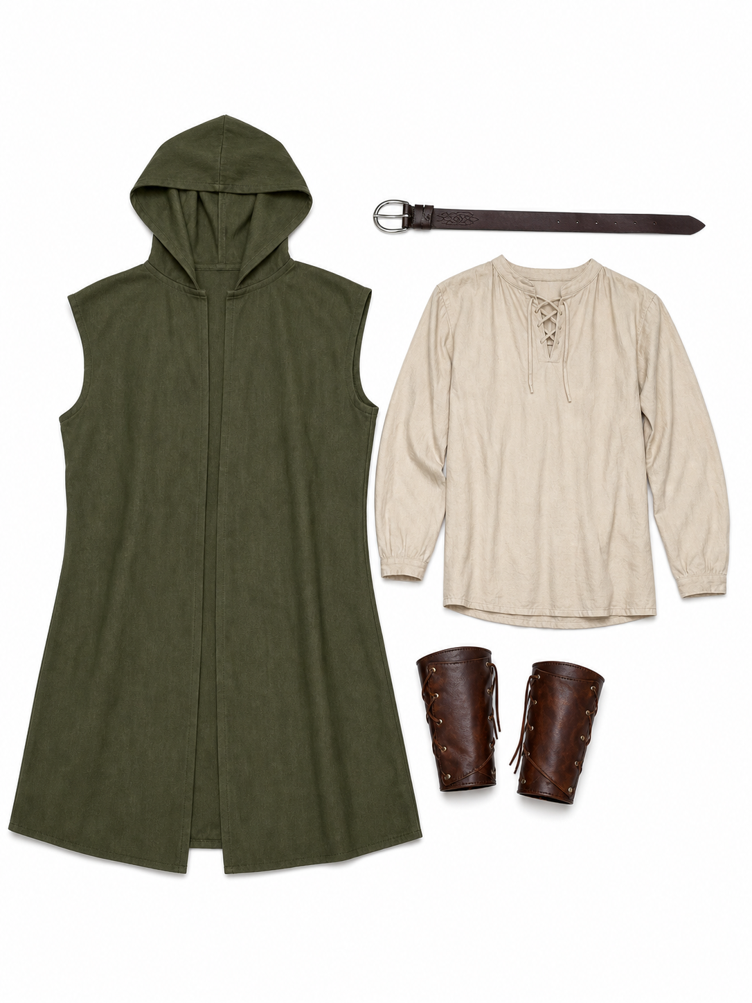 Medieval Fantasy Role Play Costume Set, 2-Piece Olive Green Hooded Sleeveless